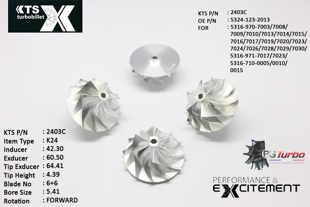 Turbo ROUE FORGÉE MFS PERFORMANCE - 6+6 PALES - INDUCER : 42,3 - EXDUCER : 60,5 - TYPE : K24ANGLE : 60° - ROTATION : Forward - SUPER BACK : 2,7 - BORE SIZE : 5,41
